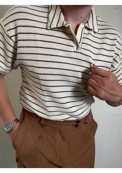 Erkek Oversize Yazlık Triko Polo Yaka, Çizgili Örgü Kumaş, Geniş Kalıp Kısa Kollu Model indirimleri