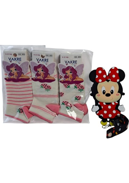 Kız Çocuk Mini Mickey Figürlü Siyah Renk Çanta Cüzdan Vakre 3 Renk Çorap 4 Lü Set fiyatları