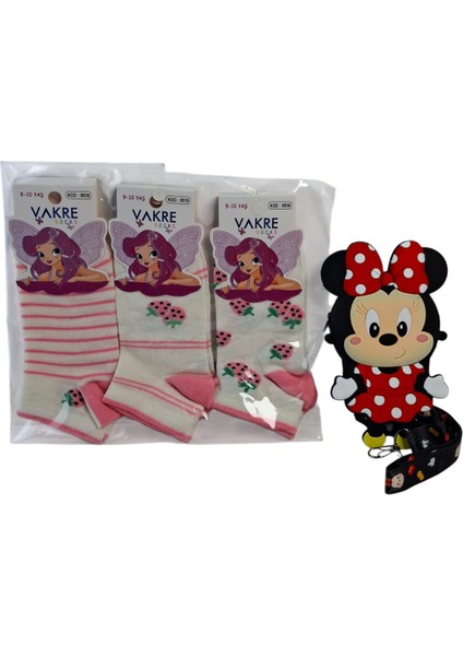 Kız Çocuk Mini Mickey Figürlü Siyah Renk Çanta Cüzdan Vakre 3 Renk Çorap 4 Lü Set indirimleri