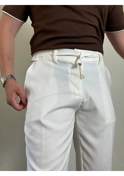 Erkek Beyaz Yüksek Bel Pileli Kumaş Pantolon Modern Düğmeli Şık ve Günlük Kullanıma Uygun
