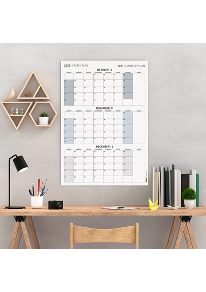 Amerikan Standardı Takvim, Üç Aylık Planlayıcı 2026 Duvar Takvimi, Ekim - Aralık 2026, 90 Günlük Planlama, Yılın Dördüncü Çeyreği Takvimi, Gri Takvim, Pazar Günü Başlangıçlı Takvim - 35X50CM