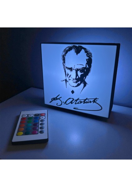 Atatürk Figürlü Dekoratif Işıklı Kutu, Renkli, Rgb LED Kumandalı, Duvara Asılabilir