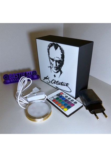 Atatürk Figürlü Dekoratif Işıklı Kutu, Renkli, Rgb LED Kumandalı, Duvara Asılabilir