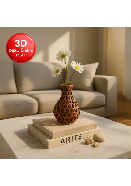 Modern Kahverengi Delikli Vazo – 3D Baskı Pla+ Malzeme – Minimal Dekoratif Obje