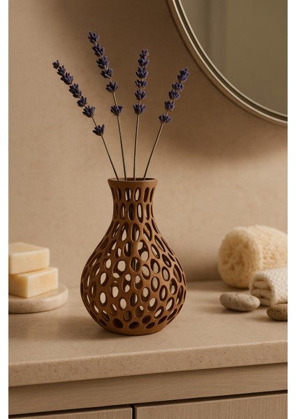 Modern Kahverengi Delikli Vazo – 3D Baskı Pla+ Malzeme – Minimal Dekoratif Obje