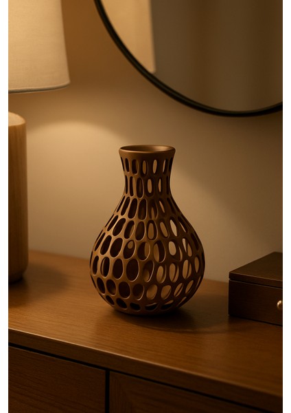 Modern Kahverengi Delikli Vazo – 3D Baskı Pla+ Malzeme – Minimal Dekoratif Obje