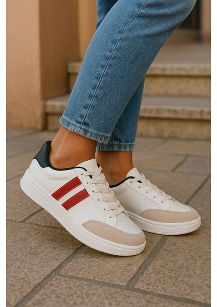 Beyaz-Kırmızı-Beyaz Taban Unisex Günlük Rahat Hafif Bağcıklı Sneaker Spor Ayakkabı