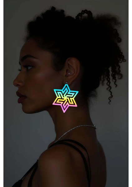 Rainbow Reflektörlü Soyut Yıldız Küpe, Şık Lazer Kesim Küpe