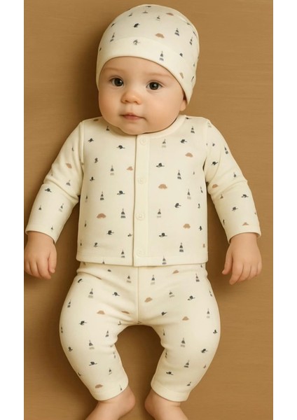 Bebek Pijama Takımı Deniz Feneri Desenli Alt Üst 3'lü Takım Şapkalı %100 Pamuklu