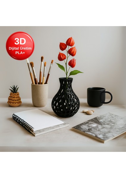 Modern Siyah Delikli Vazo – 3D Baskı Pla+ Malzeme – Minimal Dekoratif Obje