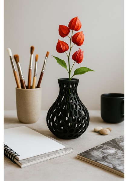 Modern Siyah Delikli Vazo – 3D Baskı Pla+ Malzeme – Minimal Dekoratif Obje indirimleri