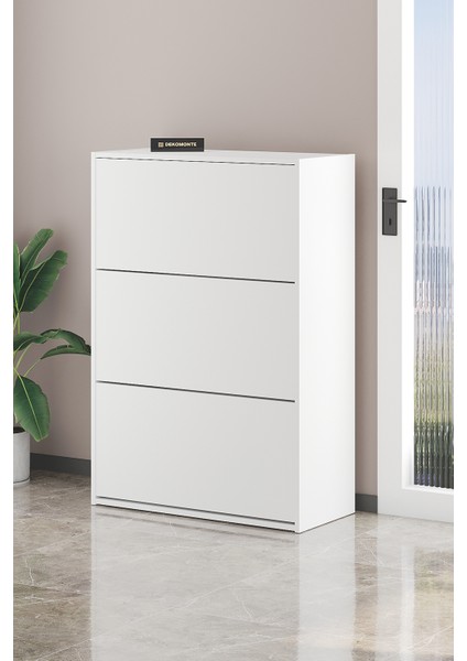 Beyaz Düşer Kapaklı Ayakkabılık Kayar Raflı Ayakkabılık 3 Bölmeli Ayakkabılık