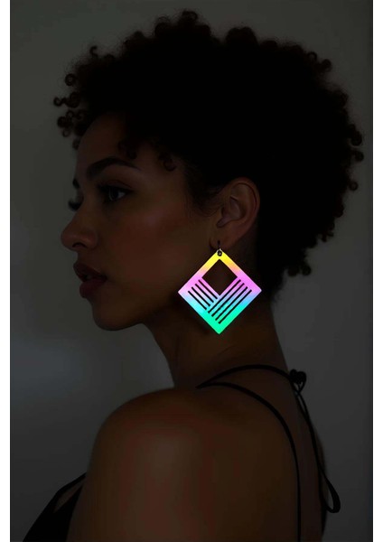 Rainbow Reflektörlü Geometrik Kare Küpe, Şık Lazer Kesim Küpe