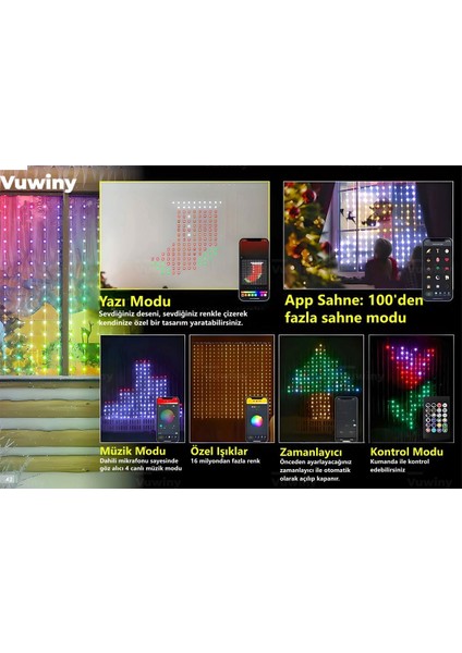 Mobil Uygulamalı Senkronizasyonlu USB Girişli Rgb Akıllı LED Perde (2x2 Metre) fiyatları