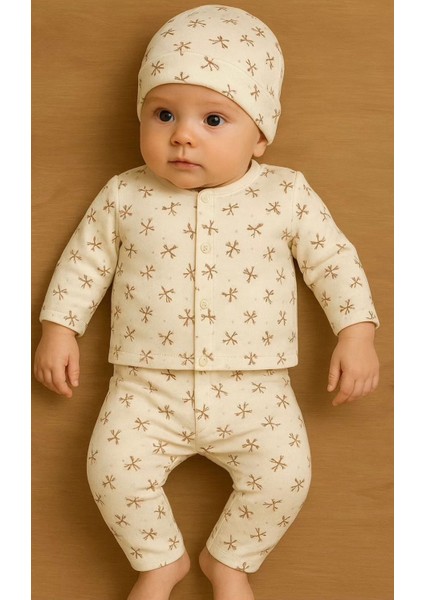 Bebek Pijama Takımı Şapkalı %100 Pamuklu Yusufçuk Desenli 0-1 Yaş