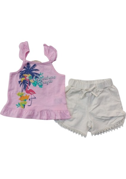 Kız Çocuk İkili Yazlık Takım – Askılı Pembe Tişört & Ekru Şort – %100 Pamuk