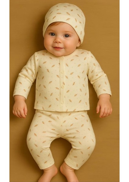 Bebek Pijama Takımı Yaprak Desenli %100 Pamuklu Kumaş Organik 0-1 Yaş