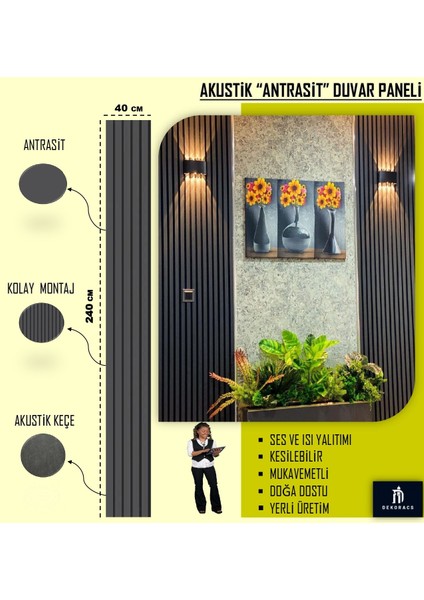 40X240 Antrasit Renk 3D Akustik Ahşap Duvar Paneli