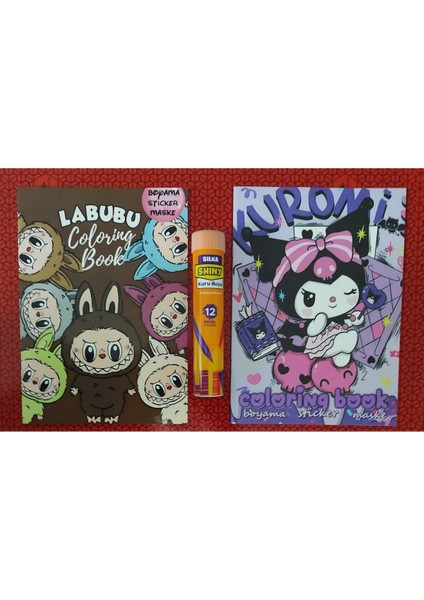 2 Adet Stickerli Boyama Kitabı ve 12 Li Tüp Kuru Boya Kalemi ( Labubu/kuromi-C )