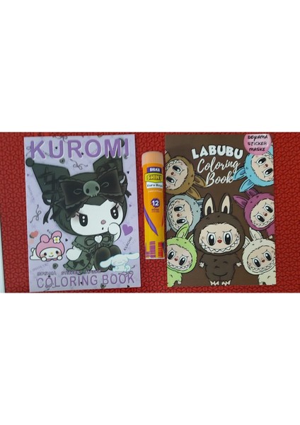 2 Adet Stickerli Boyama Kitabı ve 12 Li Tüp Kuru Boya Kalemi ( Kuromi-A/labubu)
