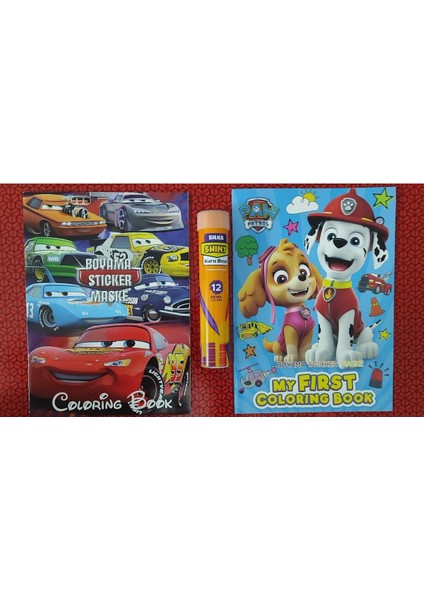 2 Adet Stickerli Boyama Kitabı ve 12 Li Tüp Kuru Boya Kalemi (Arabalar/pawpatrol-A )