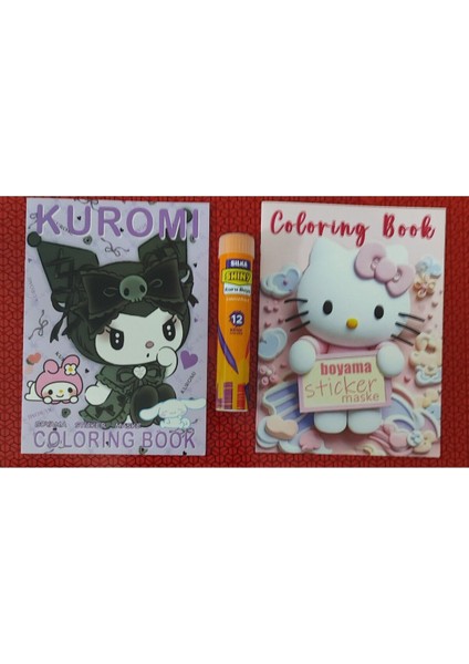 2 Adet Stickerli Boyama Kitabı ve 12 Li Tüp Kuru Boya Kalemi ( Kuromi-A/hello Kitty-A)