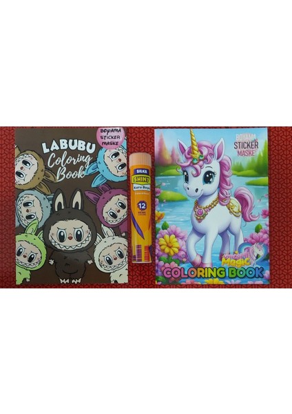 2 Adet Stickerli Boyama Kitabı ve 12 Li Tüp Kuru Boya Kalemi ( Labubu/unicorn )