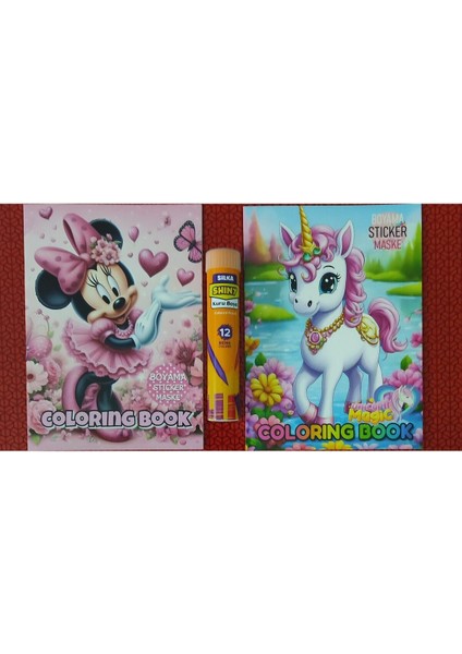 2 Adet Stickerli Boyama Kitabı ve 12 Li Tüp Kuru Boya Kalemi (Minnie/unicorn )