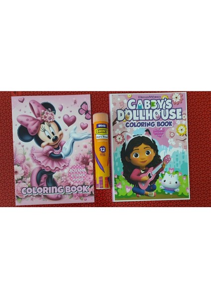 2 Adet Stickerli Boyama Kitabı ve 12 Li Tüp Kuru Boya Kalemi (Minnie/gabbys )