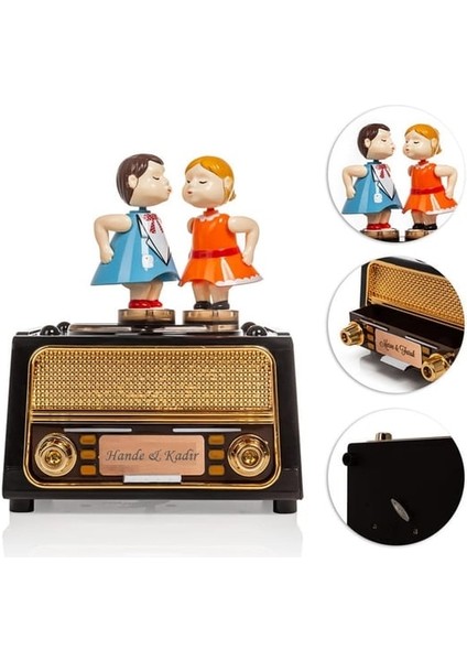Isme Özel Hareket Eden ve Öpüşen Çift Nostaljik Müzik ve Takı Kutusu modelleri