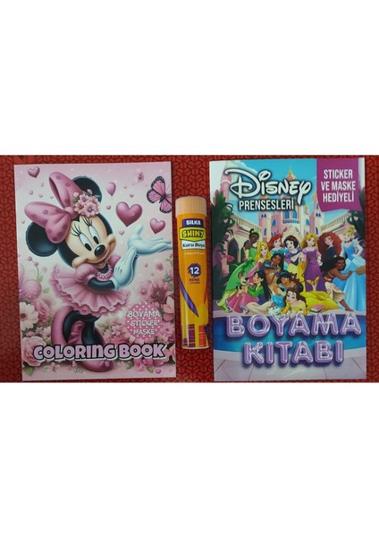 2 Adet Stickerli Boyama Kitabı ve 12 Li Tüp Kuru Boya Kalemi ( Minnie/prensesler )