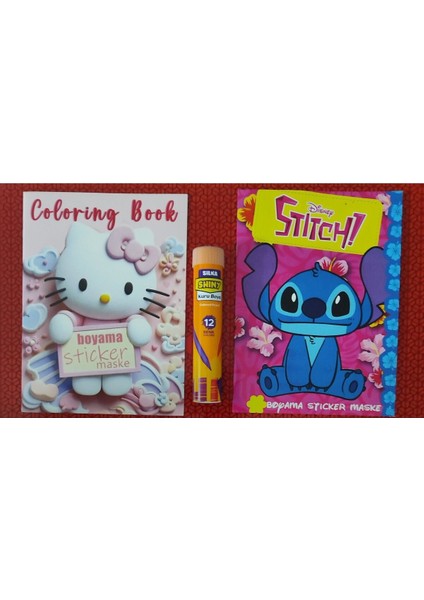 2 Adet Stickerli Boyama Kitabı ve 12 Li Tüp Kuru Boya Kalemi ( Hello Kitty-A/stitch-A )