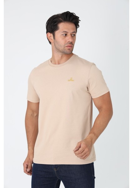 Bej Tişört - Sarı Nakışlı "z / Zekora" Sol Göğüs Tasarımı modelleri