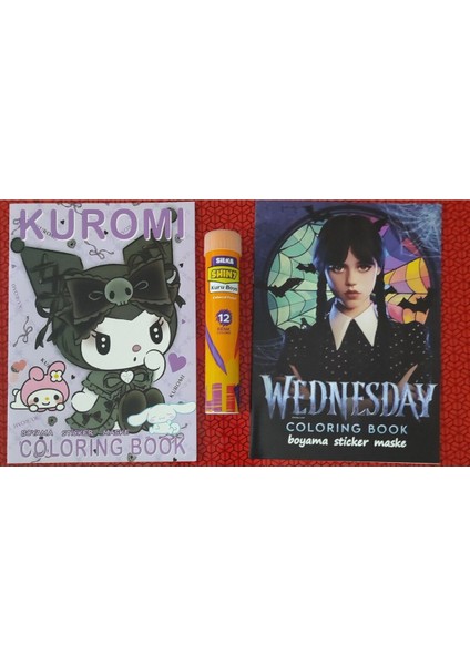 2 Adet Stickerli Boyama Kitabı ve 12 Li Tüp Kuru Boya Kalemi ( Kuromi-A/wednesday-A)