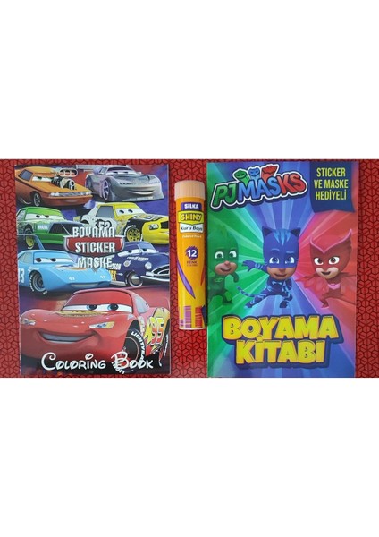 2 Adet Stickerli Boyama Kitabı ve 12 Li Tüp Kuru Boya Kalemi (Arabalar/pijamaske-B )