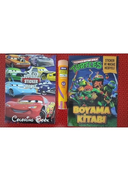 2 Adet Stickerli Boyama Kitabı ve 12 Li Tüp Kuru Boya Kalemi (Arabalar/ninja Kaplumbağalar )