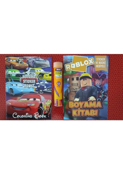 2 Adet Stickerli Boyama Kitabı ve 12 Li Tüp Kuru Boya Kalemi (Arabalar/roblox-B )