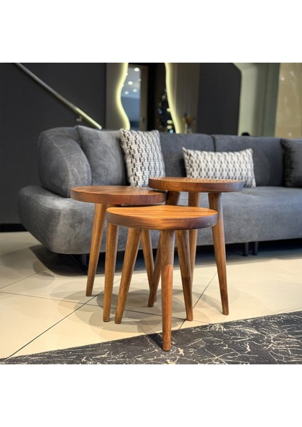 Üst Kalite 3'lü Ince Ayaklı Mantar Yan Sehpa - Ceviz