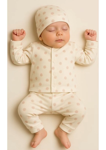 Bebek Pijama Takımı 0-1 Yaş %100 Pamuklu Organik Kumaş Polen Desenli