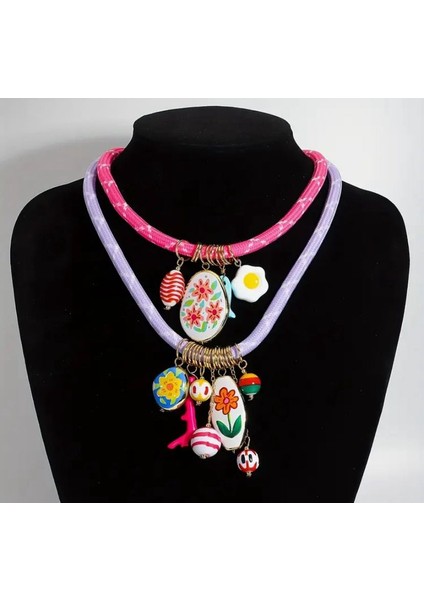 Renkli Çiçek Desenli Charm Kolye Seti – 2’li Vintage Tarz, Ayarlanabilir Tasarım indirimleri