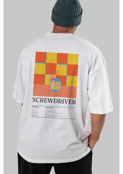 Screwdriver Kokteyl Serisi Arka Baskılı Oversize T-Shirt Erkek Kadın %100 Pamuk Bisiklet Yaka Tişort