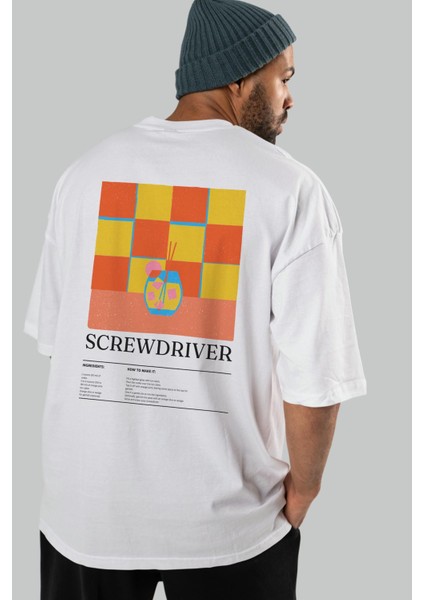 Screwdriver Kokteyl Serisi Arka Baskılı Oversize T-Shirt Erkek Kadın %100 Pamuk Bisiklet Yaka Tişort