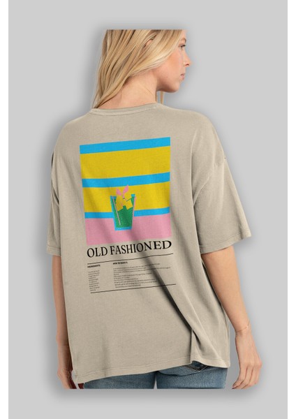 Old Fashioned Kokteyl Serisi Arka Baskılı Oversize T-Shirt Erkek Kadın %100 Pamuk Bisiklet Yaka Tişort modelleri
