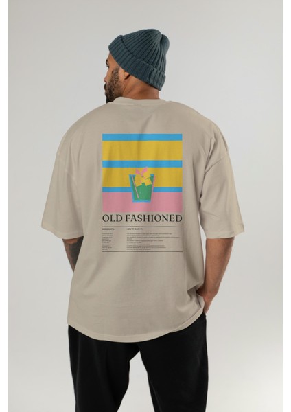 Old Fashioned Kokteyl Serisi Arka Baskılı Oversize T-Shirt Erkek Kadın %100 Pamuk Bisiklet Yaka Tişort fırsatları