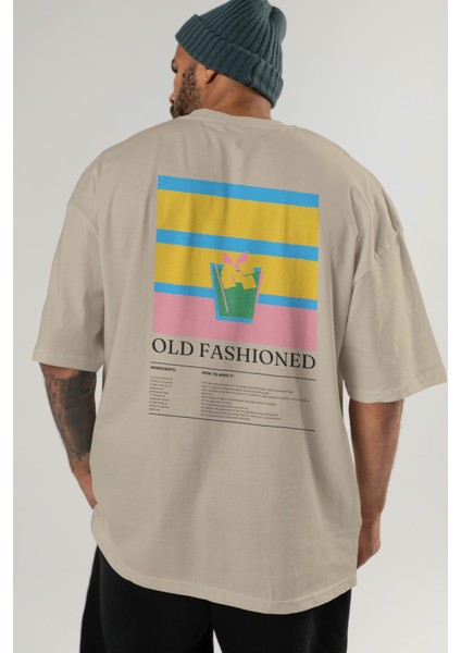 Old Fashioned Kokteyl Serisi Arka Baskılı Oversize T-Shirt Erkek Kadın %100 Pamuk Bisiklet Yaka Tişort indirimleri