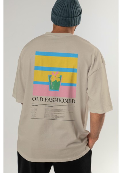 Old Fashioned Kokteyl Serisi Arka Baskılı Oversize T-Shirt Erkek Kadın %100 Pamuk Bisiklet Yaka Tişort