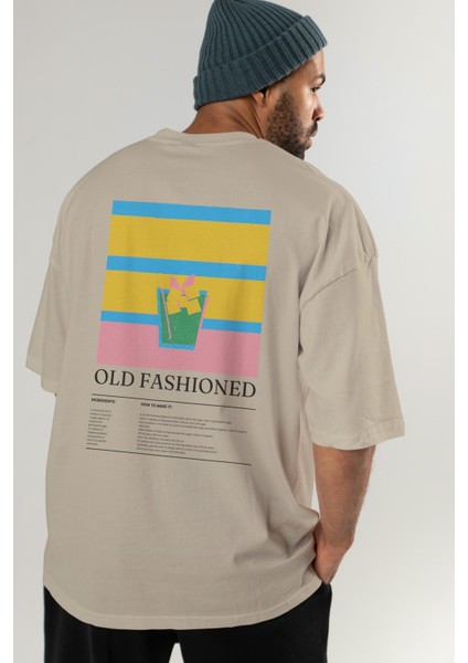 Old Fashioned Kokteyl Serisi Arka Baskılı Oversize T-Shirt Erkek Kadın %100 Pamuk Bisiklet Yaka Tişort