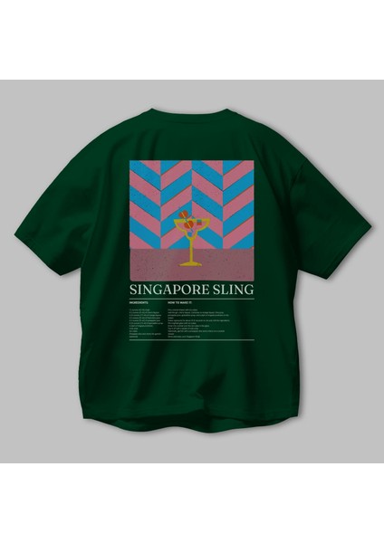 Singapore Sling Kokteyl Serisi Arka Baskılı Oversize T-Shirt Erkek Kadın %100 Pamuk Bisiklet Yaka Tişort modelleri