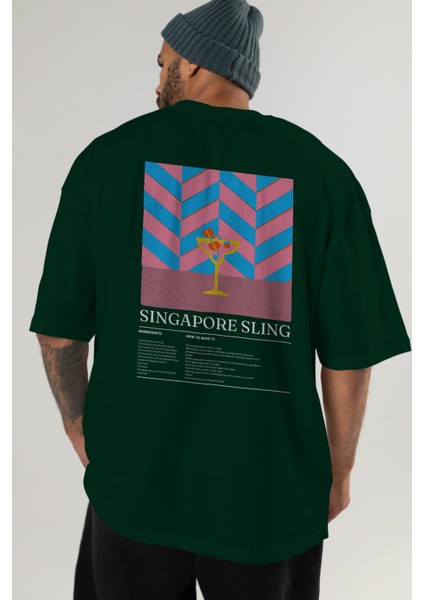 Singapore Sling Kokteyl Serisi Arka Baskılı Oversize T-Shirt Erkek Kadın %100 Pamuk Bisiklet Yaka Tişort