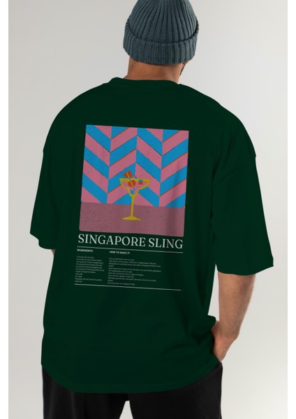Singapore Sling Kokteyl Serisi Arka Baskılı Oversize T-Shirt Erkek Kadın %100 Pamuk Bisiklet Yaka Tişort